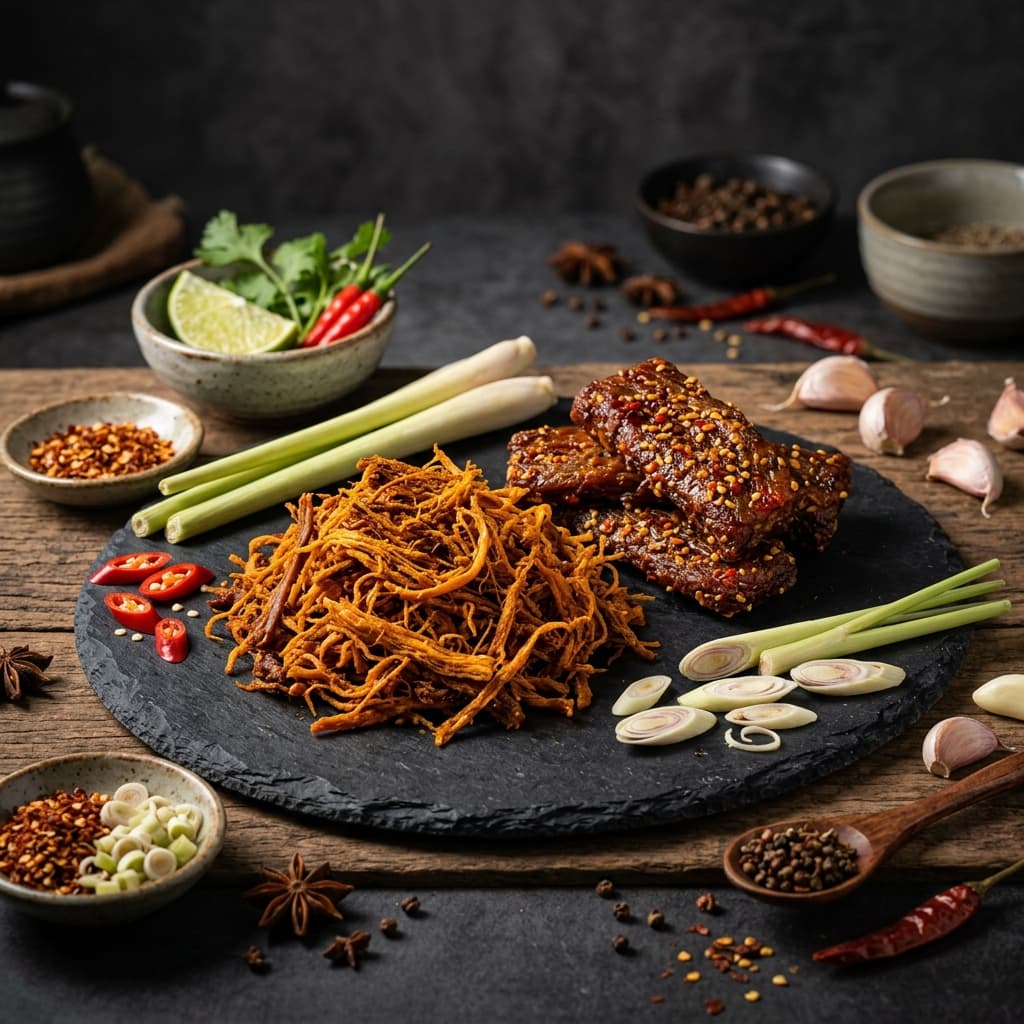 Bò khô sợi và lát trên thớt đá cùng gia vị sả, ớt, tiêu